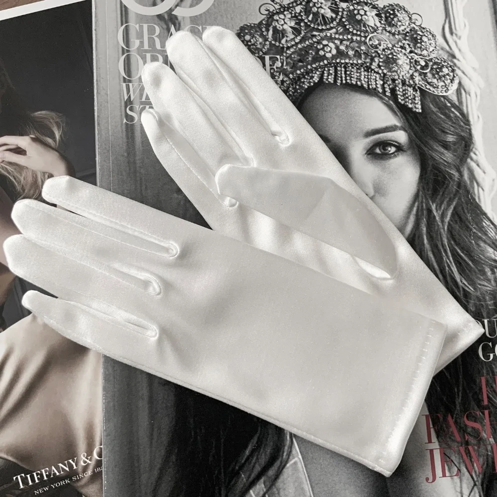 Premium Quality White Satin Short Gloves Wrist Length Wedding Gloves for Bride